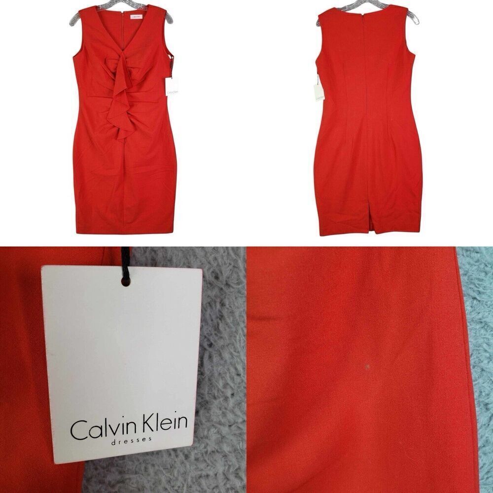 Calvin Klein Sheath Dress Size 6 Knee Length Back Zip Poppy Stretch New